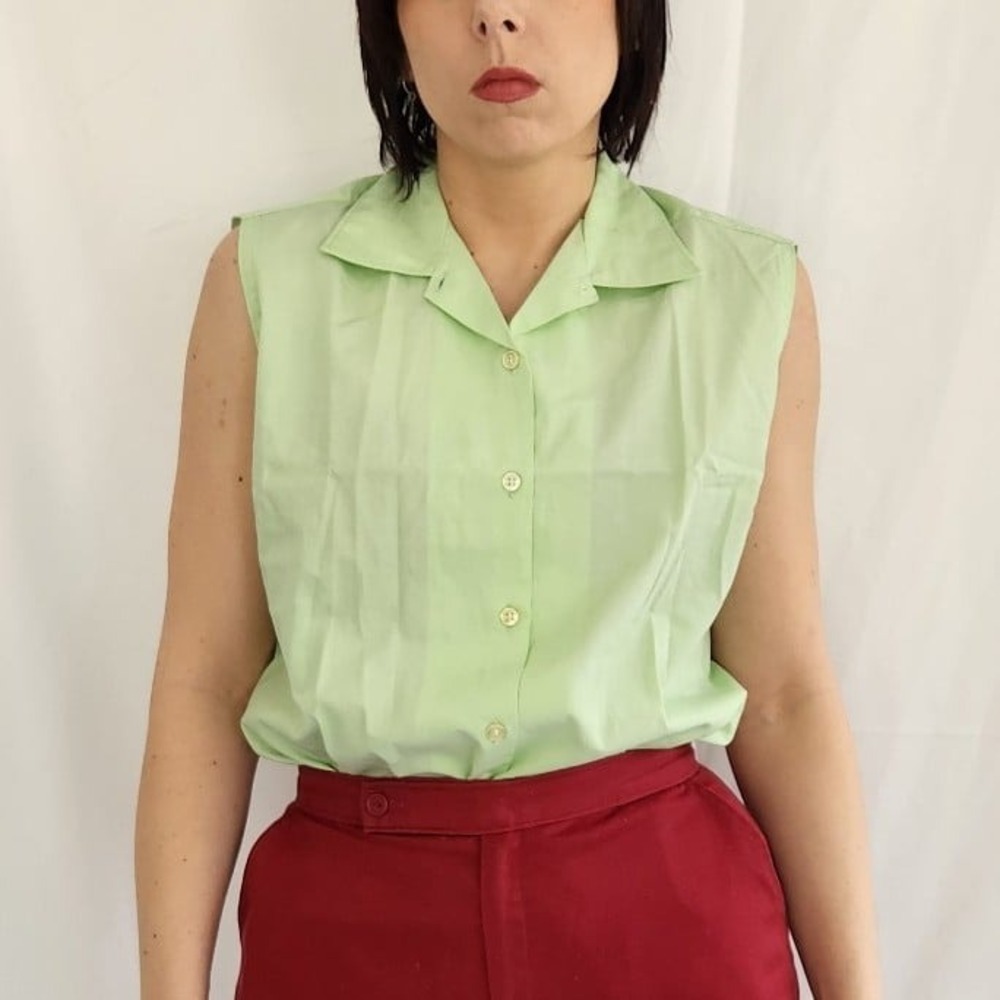 60s Green Sleeveless Button Down‎ Shirt